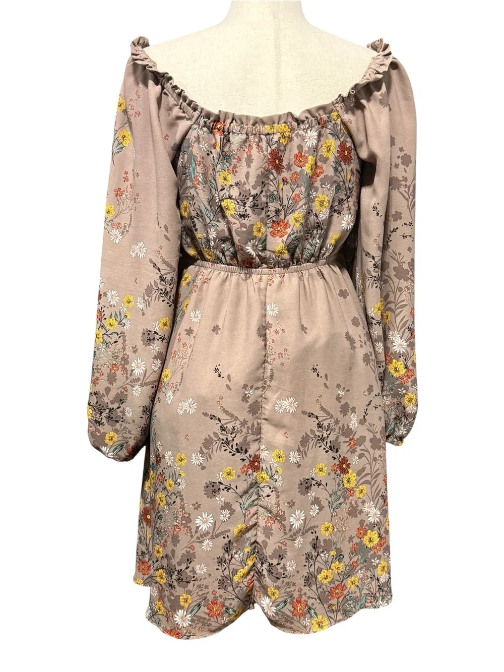 Maurices Babydoll Floral Taupe Dress Size S Milkmaid Puff Sleeve Garden Party